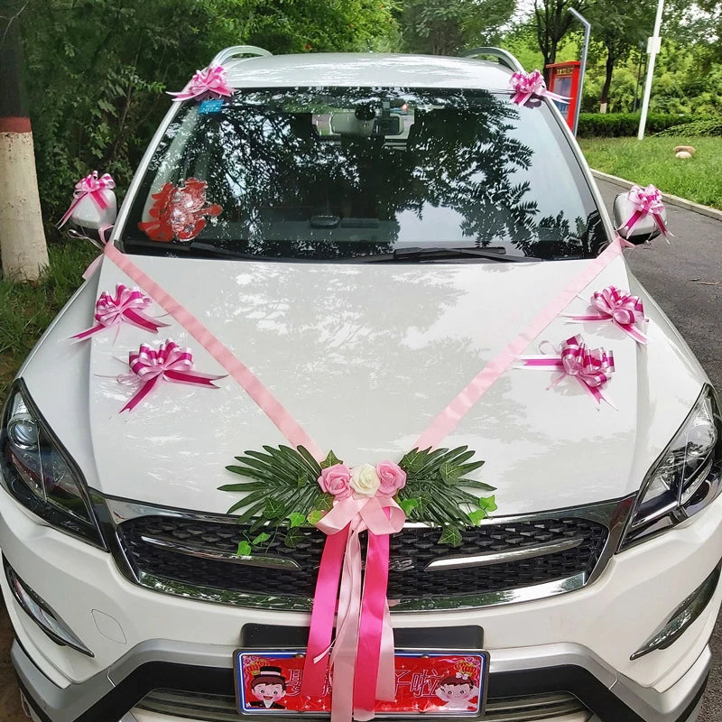 Silk Flower Wedding Car Decoration Kit – Floral Ribbons for Bridal Vehicles