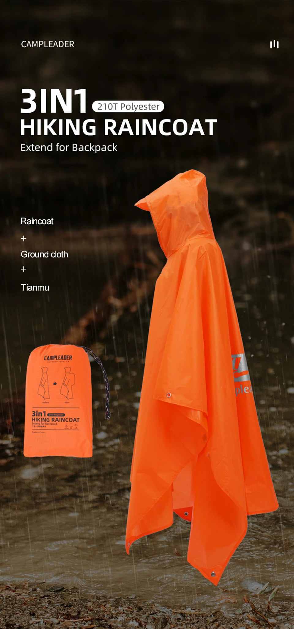 3-in-1 Waterproof Rain Poncho – Hooded Rainwear for Camping and Hiking