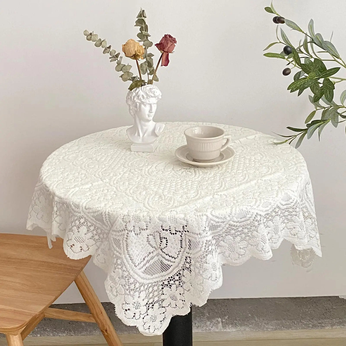 Embroidered Lace Tablecloth – Vintage White Floral Cover for Wedding Party