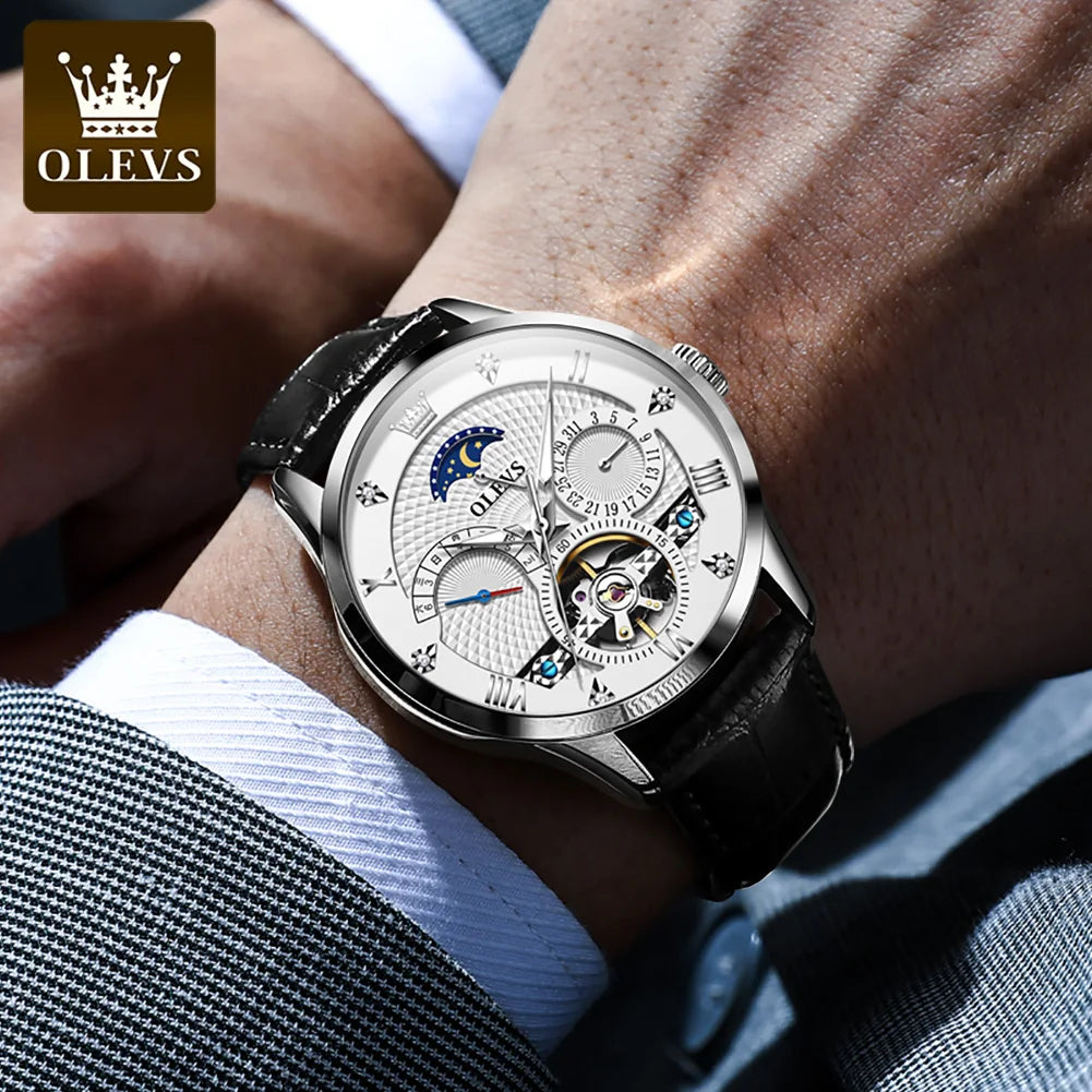 OLEVS Automatic Mechanical Watch – Leather Strap Flywheel for Business Casual