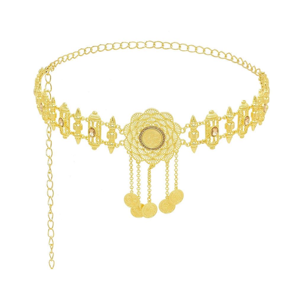 Gold waist chain belt with intricate floral design and dangling coin charms