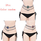 Woman wearing a colorful gemstone belly chain jewelry belt over black bikini bottom, shown in three poses.