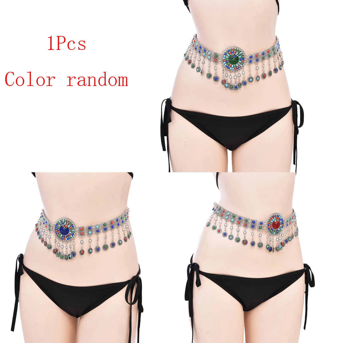 Woman wearing a colorful gemstone belly chain jewelry belt over black bikini bottom, shown in three poses.