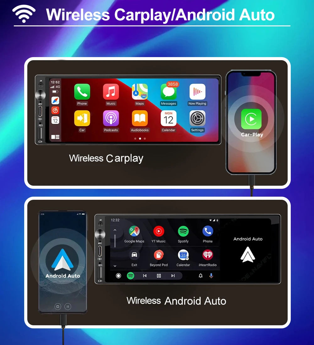 6.9 Inch 1 Din Car Radio – Wireless CarPlay and Android Auto Multimedia