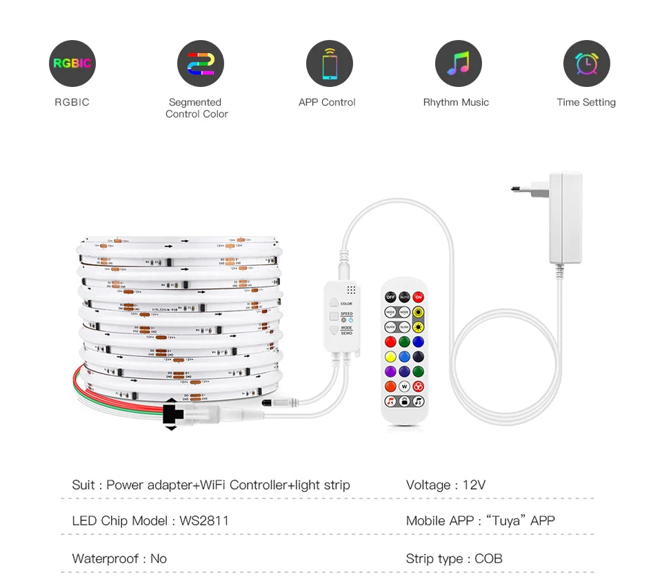 Addressable COB LED Strip Light – RGBIC WIFI Tape for Smart Home Decor