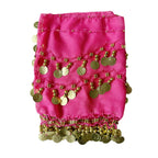Pink belly dance hip scarf with gold coins and sequins, folded on white background