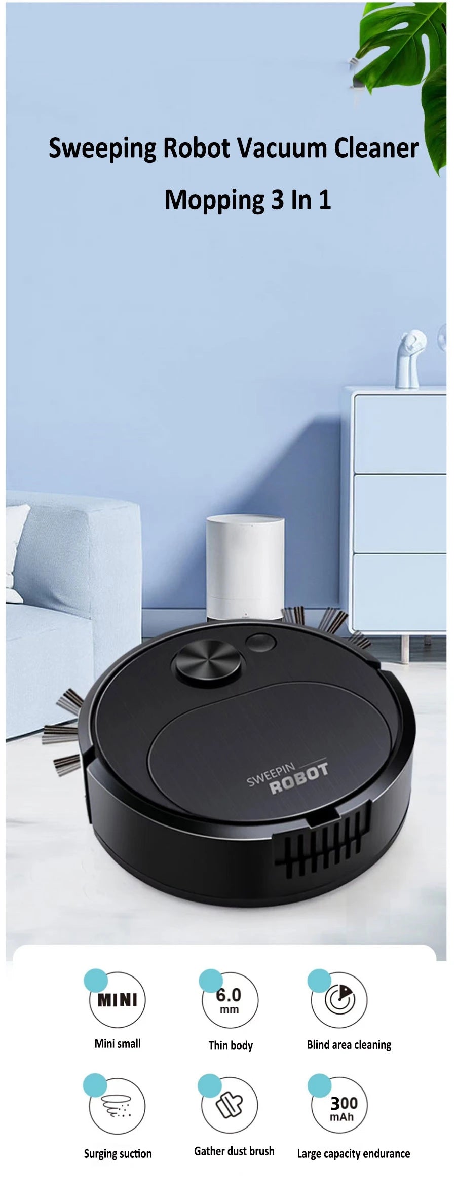 3-in-1 Robot Vacuum Cleaner – 1500Pa Wireless Mop for Home and Office