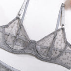 Polka Dot Mesh Lingerie Set – Sheer Underwire Bra and G-String for Women