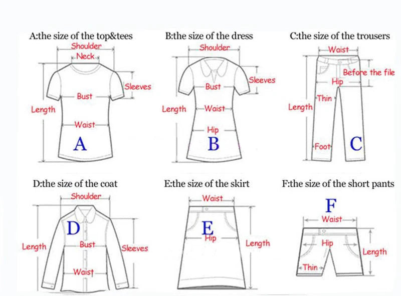 Clothing size chart diagram showing measurement points for tops, dresses, trousers, coats, skirts, and shorts.