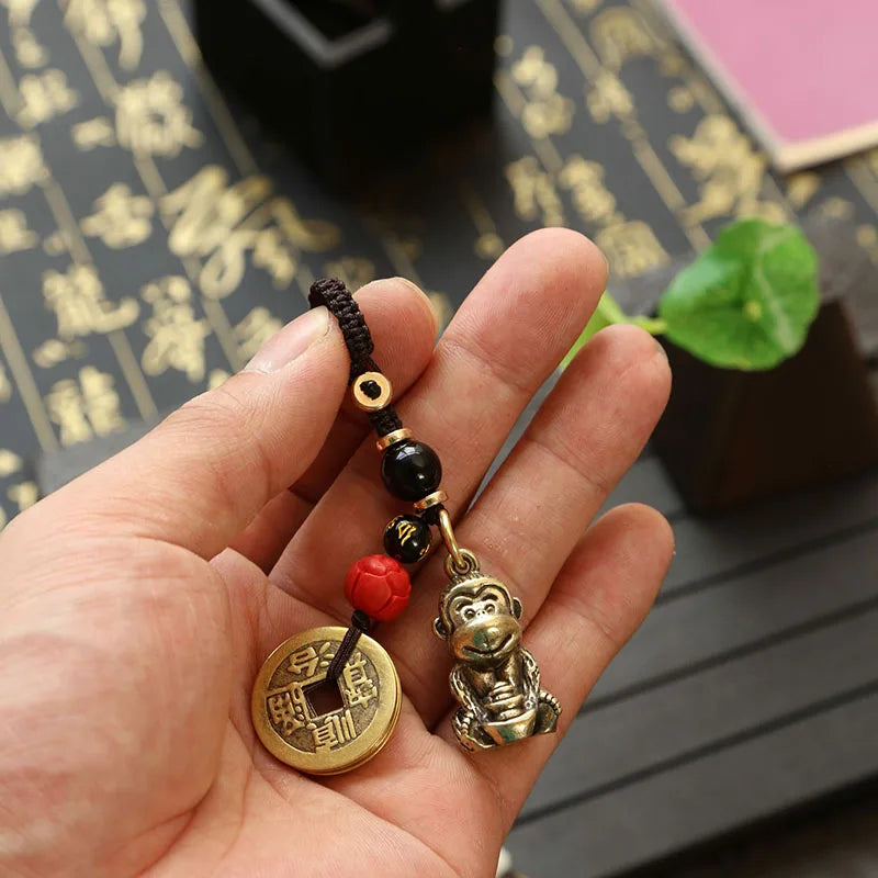 Brass Monkey Key Ring – Feng Shui Lucky Coin Charm for Car Keychain Decor