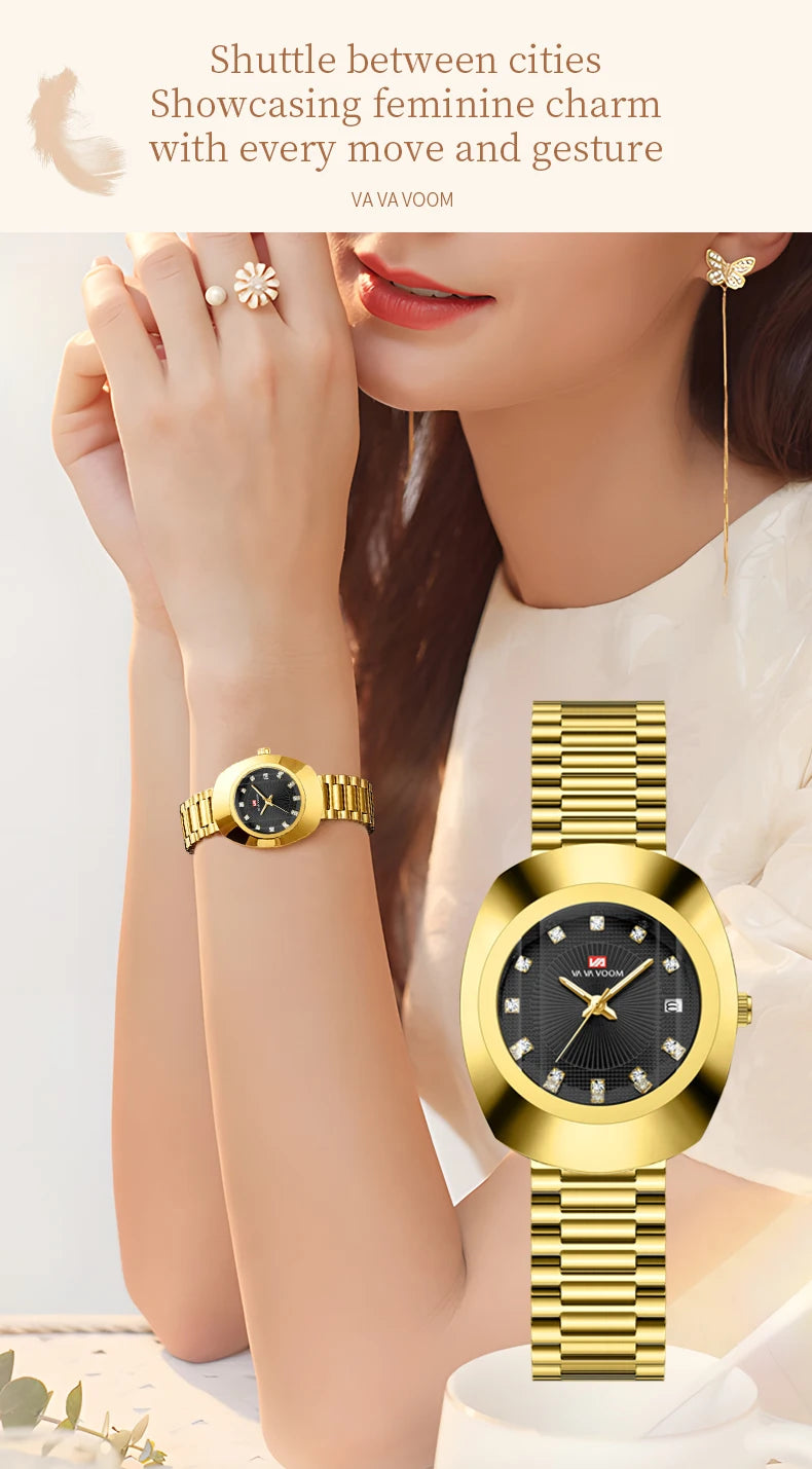 Oval Stainless Steel Women’s Watch – 34mm Gold Diamond Dress for Banquet