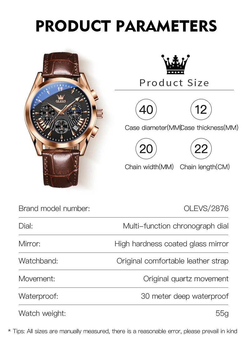 OLEVS Quartz Men's Watch – Luxury Waterproof Leather Wristwatch for Business