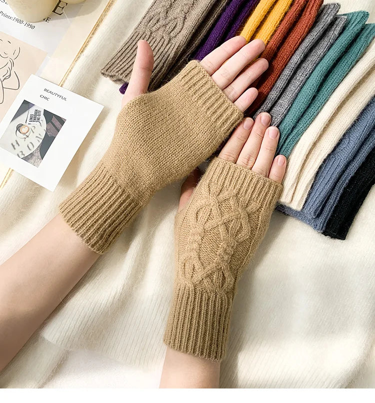 Soft Wool Half Finger Gloves – Warm Knit Arm Mittens for Winter Outdoor