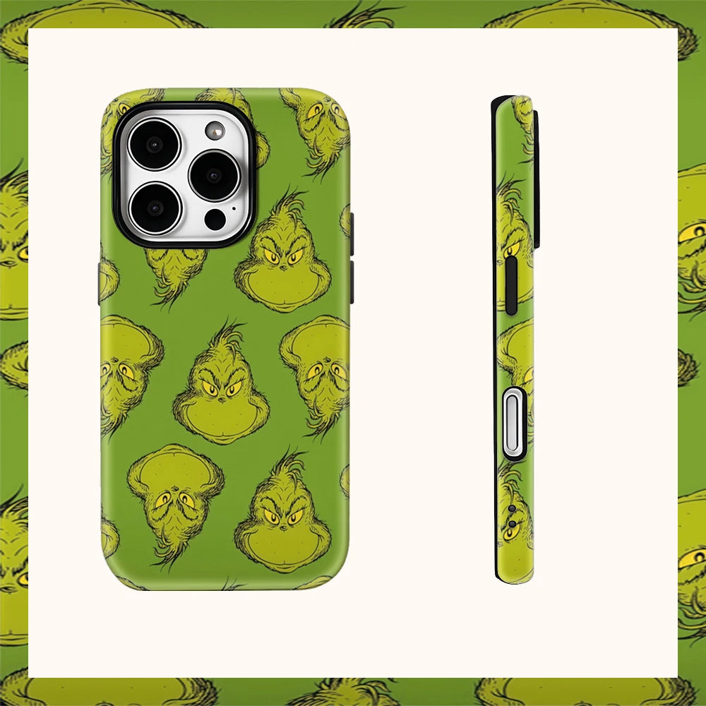 Grinch Face Phone Case – Double-Layer Protective Cover for Christmas
