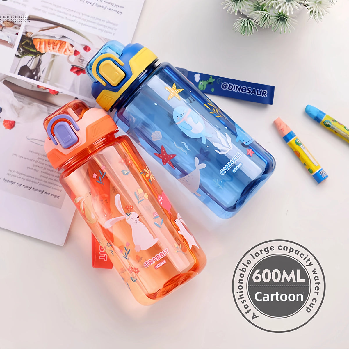 Dinosaur Plastic Water Bottle – 600ml Leakproof Sippy Cup for Kids