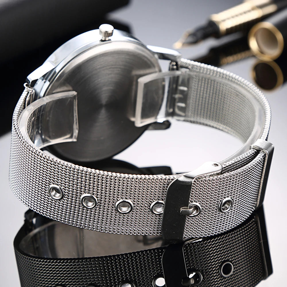 Minimalist Silver Quartz Watch – Elegant Leather Business Accessory for Women