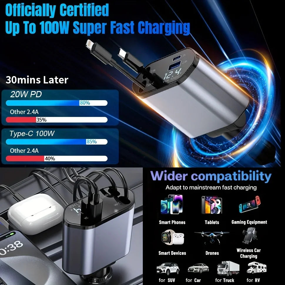 Retractable Car Charger – 120W Fast Charging Adapter for Mobile Devices