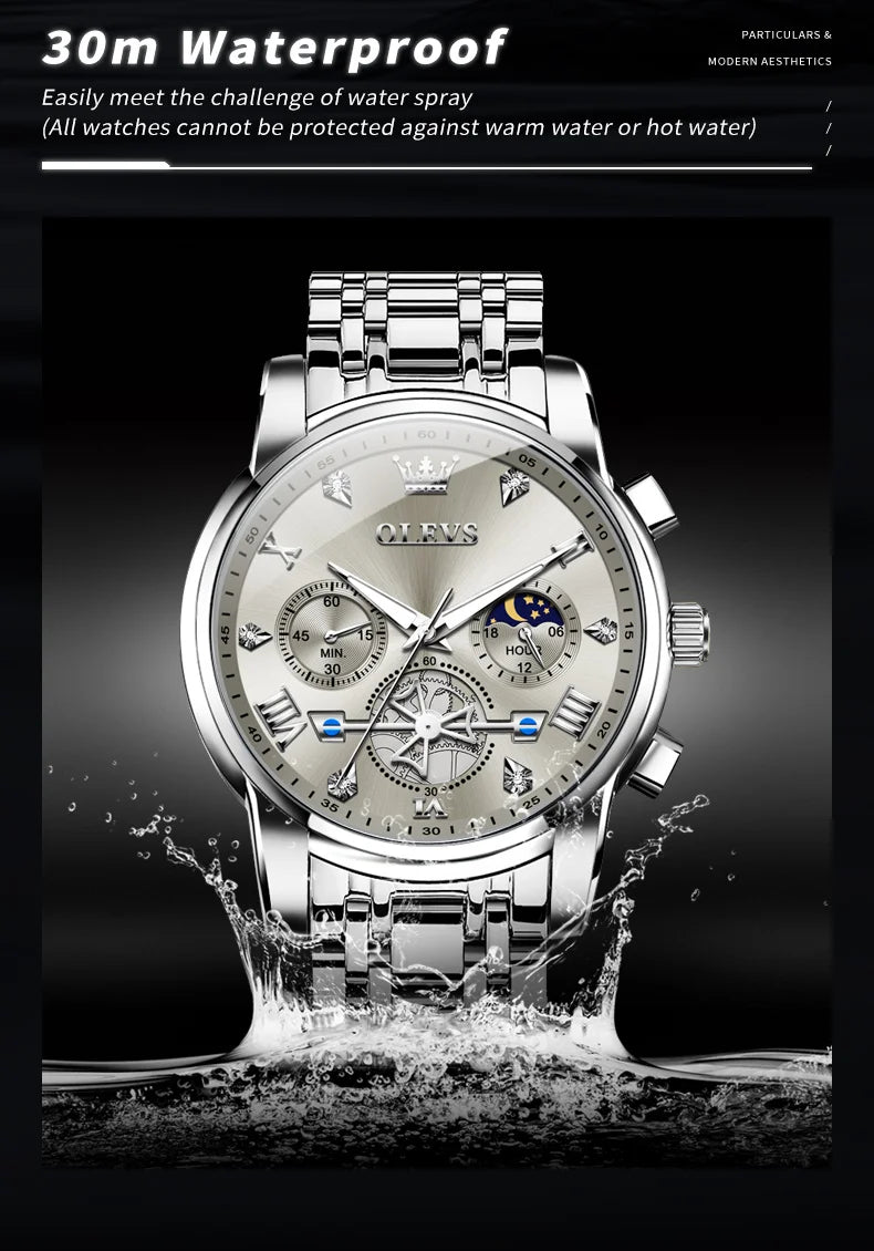 Quartz Chronograph Watch – Moon Phase Luminous Wristwatch for Men