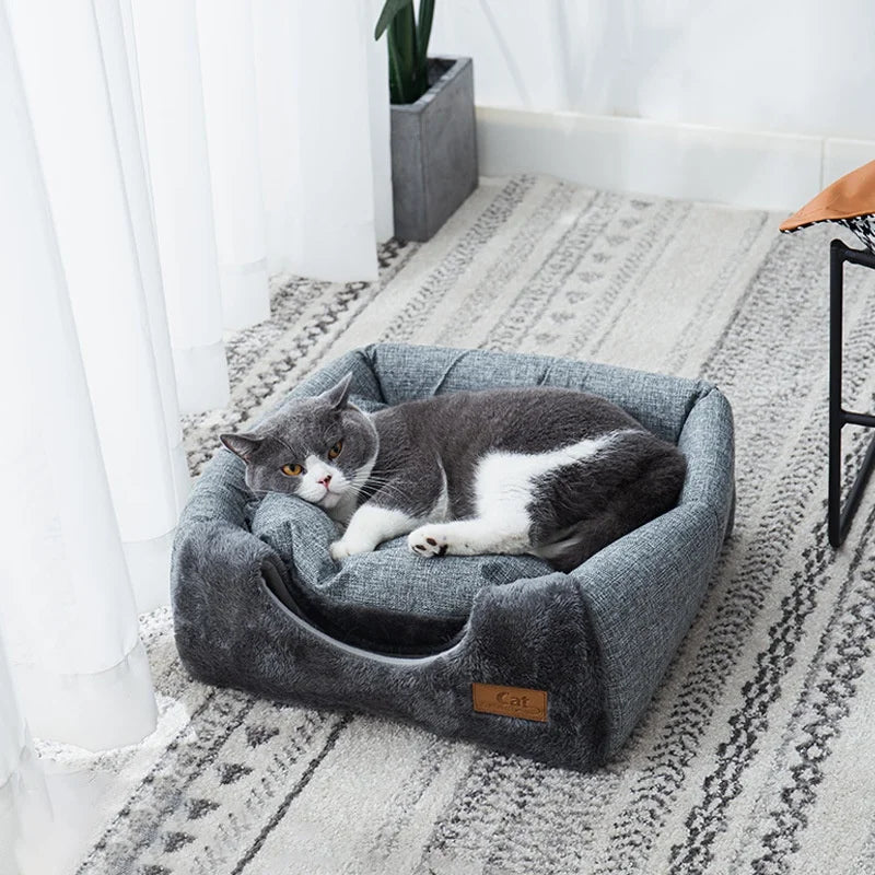 Enclosed Triangle Cat Bed – Warm Plush House for Indoor Winter Sleep