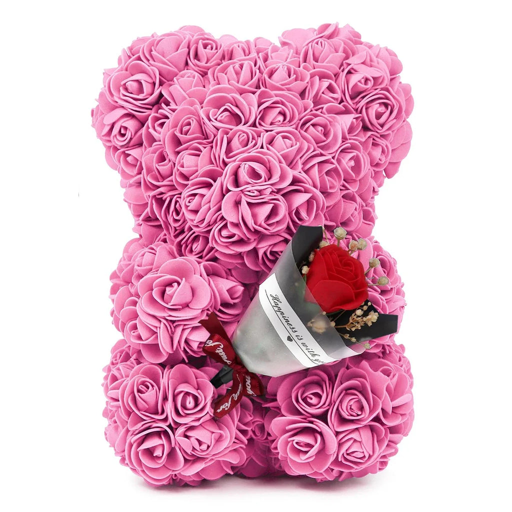 Artificial Rose Teddy Bear – 25cm Flower Figurine for Anniversary Gifts