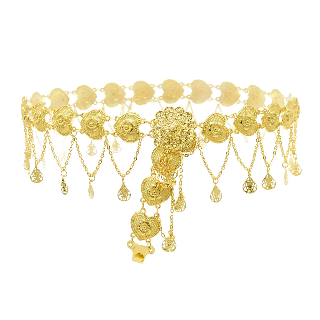 Gold filigree waist chain belt with floral and heart motifs, dangling teardrop charms