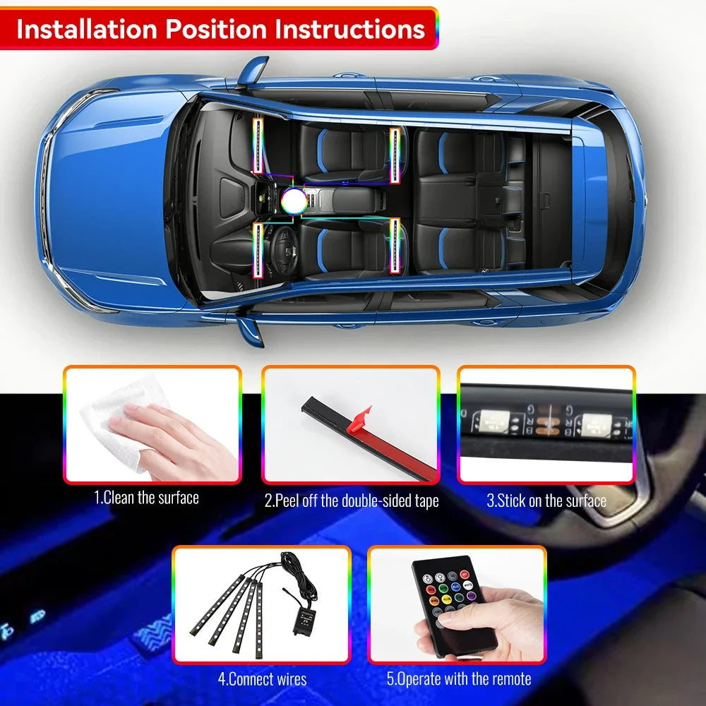 RGB LED Car Interior Light – Wireless Music Control for Auto Atmosphere