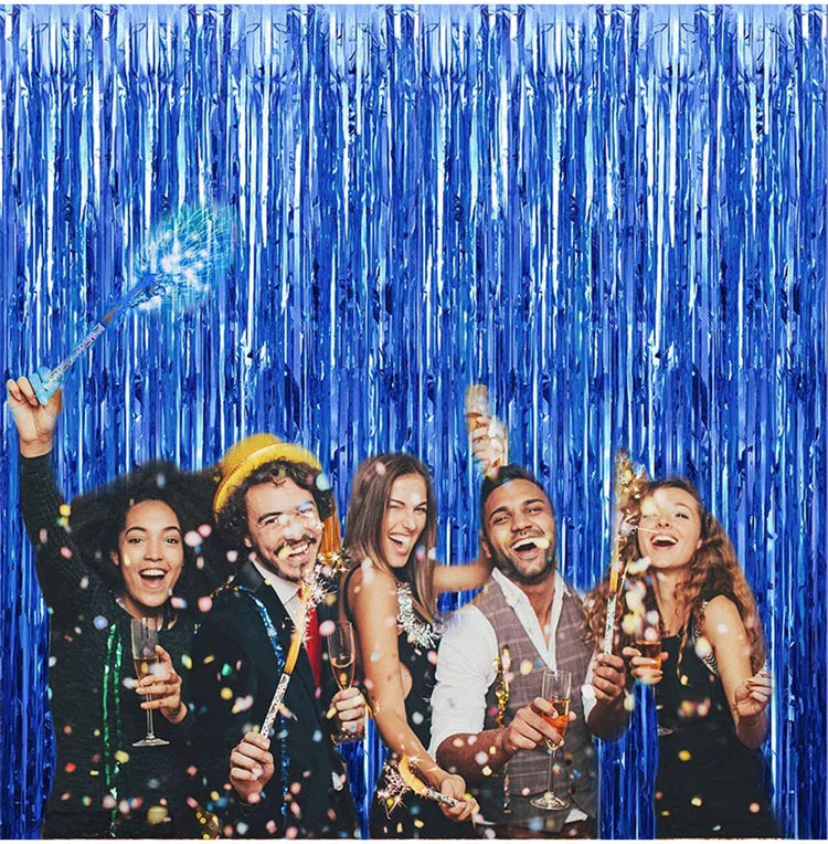 Metallic Foil Tinsel Fringe Curtains – Silver Backdrop for Party Decoration