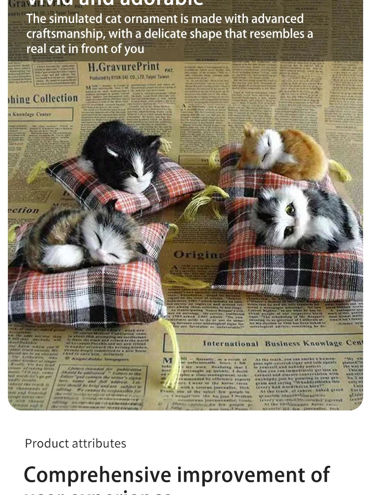 Realistic Plush Cat Figurine – Sleeping Animal Ornament for Desktop Decor
