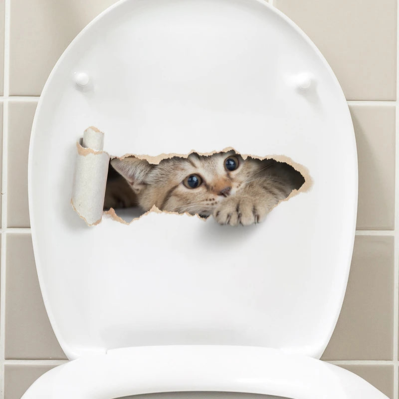 3D Peeping Kitten Toilet Sticker – Waterproof Decal for Bathroom Decor
