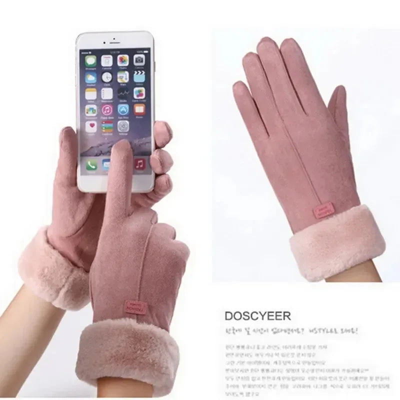 Women Suede Touchscreen Gloves – Thick Plush Lined for Winter Outdoor Wear