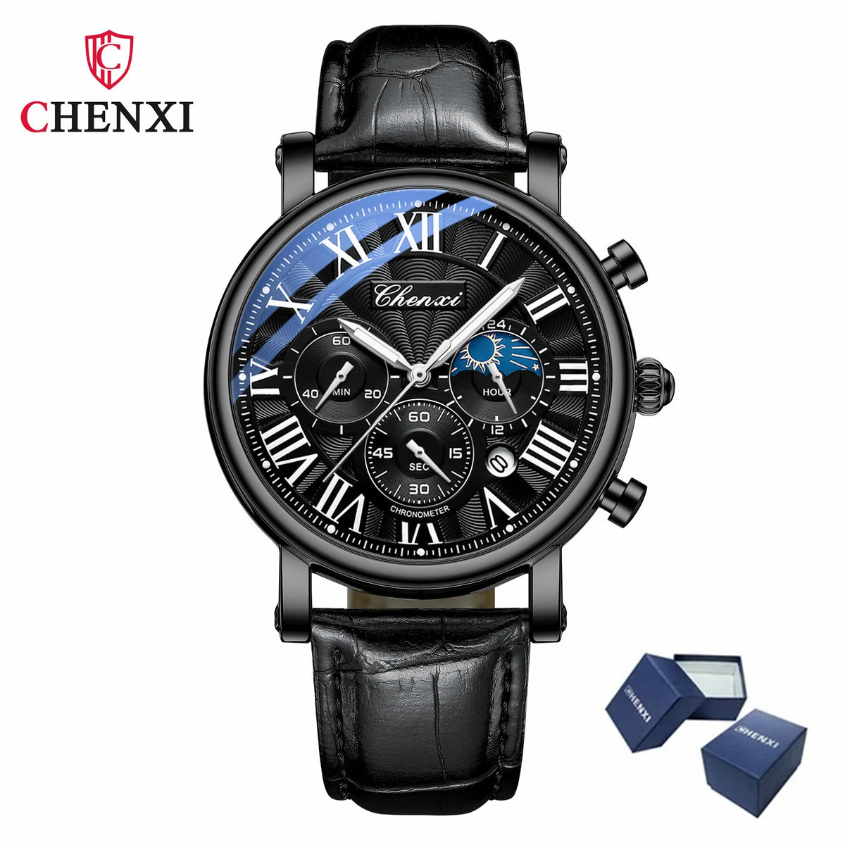 Leather Quartz Chronograph Watch – Men's Moon Phase Business Wristwatch