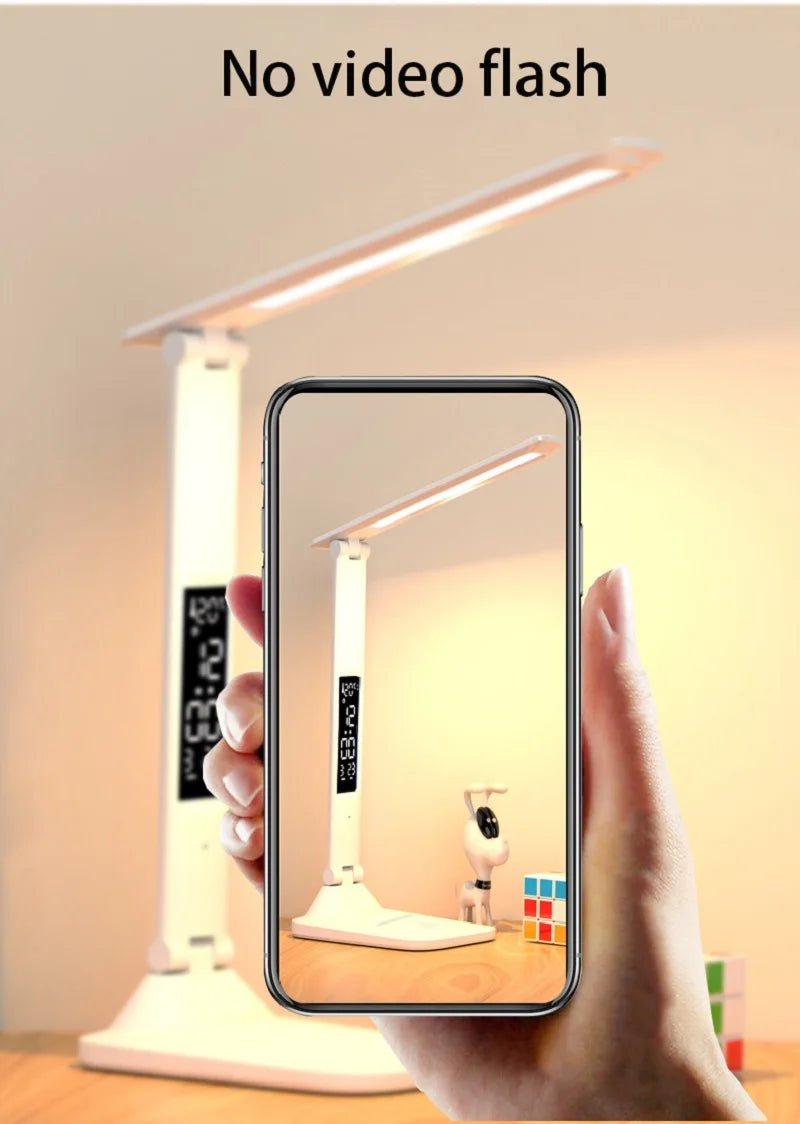 LED Desk Lamp – Rechargeable Touch Light with Alarm and Thermometer for Study
