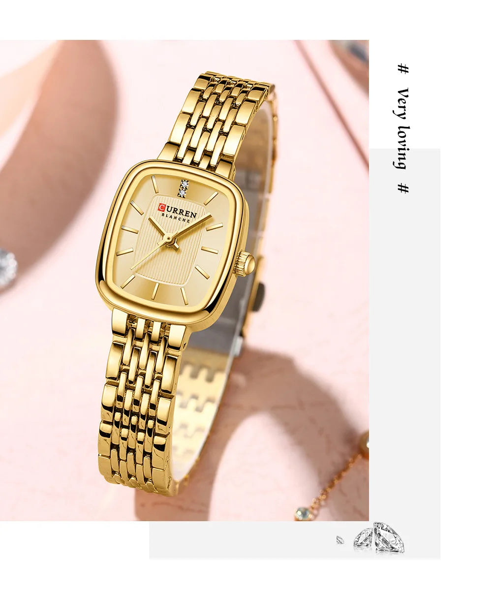 Gold Stainless Steel Quartz Watch – Elegant Square Dial for Business Fashion