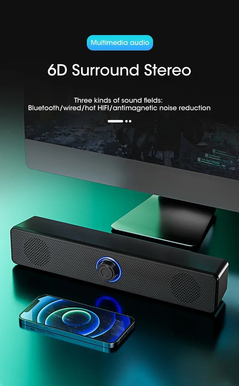 Wired Wireless PC Soundbar – Bluetooth Speaker for TV Gaming Home Theater