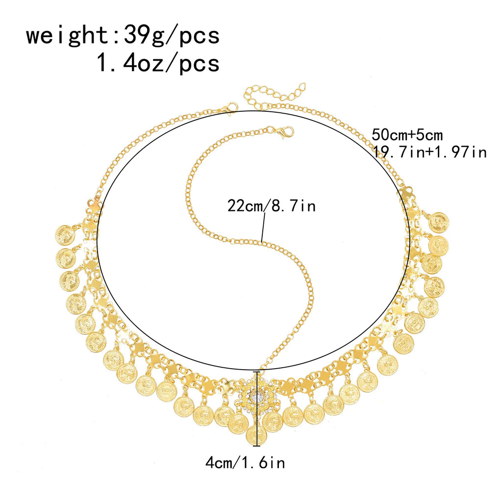 Gold coin statement necklace with measurements, adjustable chain, and weight shown in grams and ounces