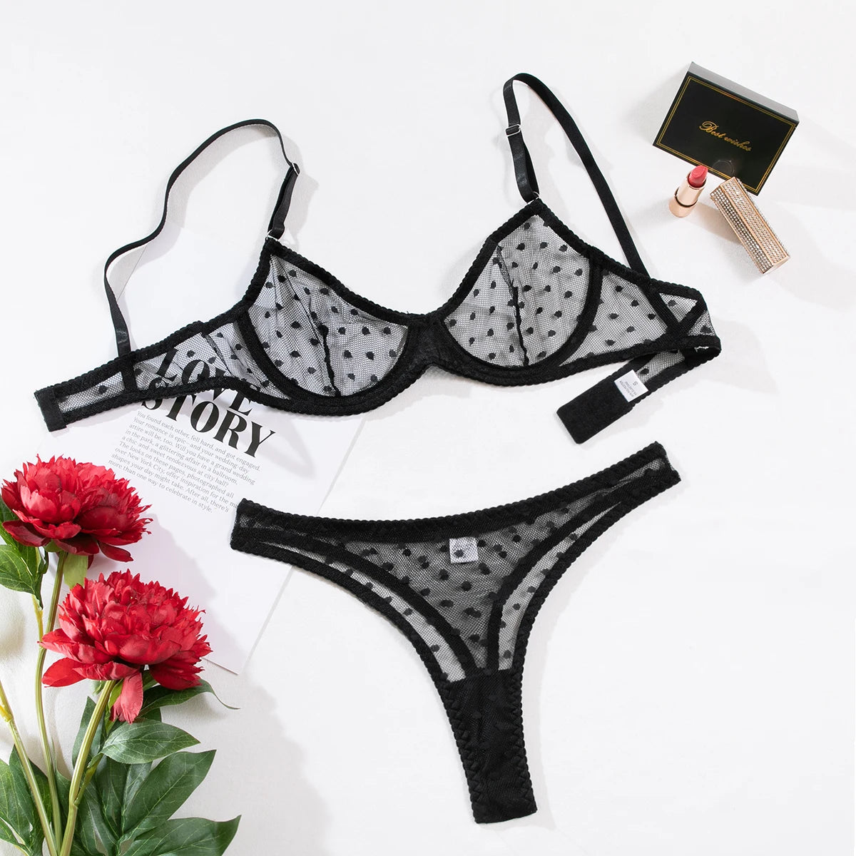 Polka Dot Mesh Lingerie Set – Sheer Underwire Bra and G-String for Women