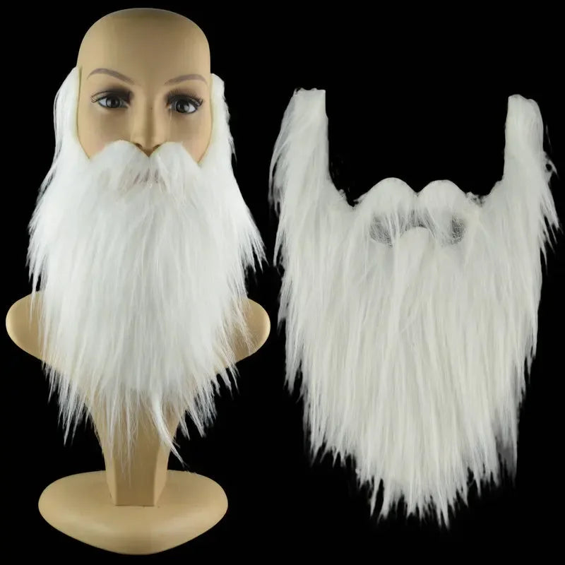 Realistic long white costume beard and mustache set on mannequin head, cosplay accessory