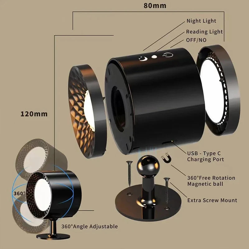 Wireless Double Head LED Wall Lamp – 360 Rotating Night Light for Bedroom Reading