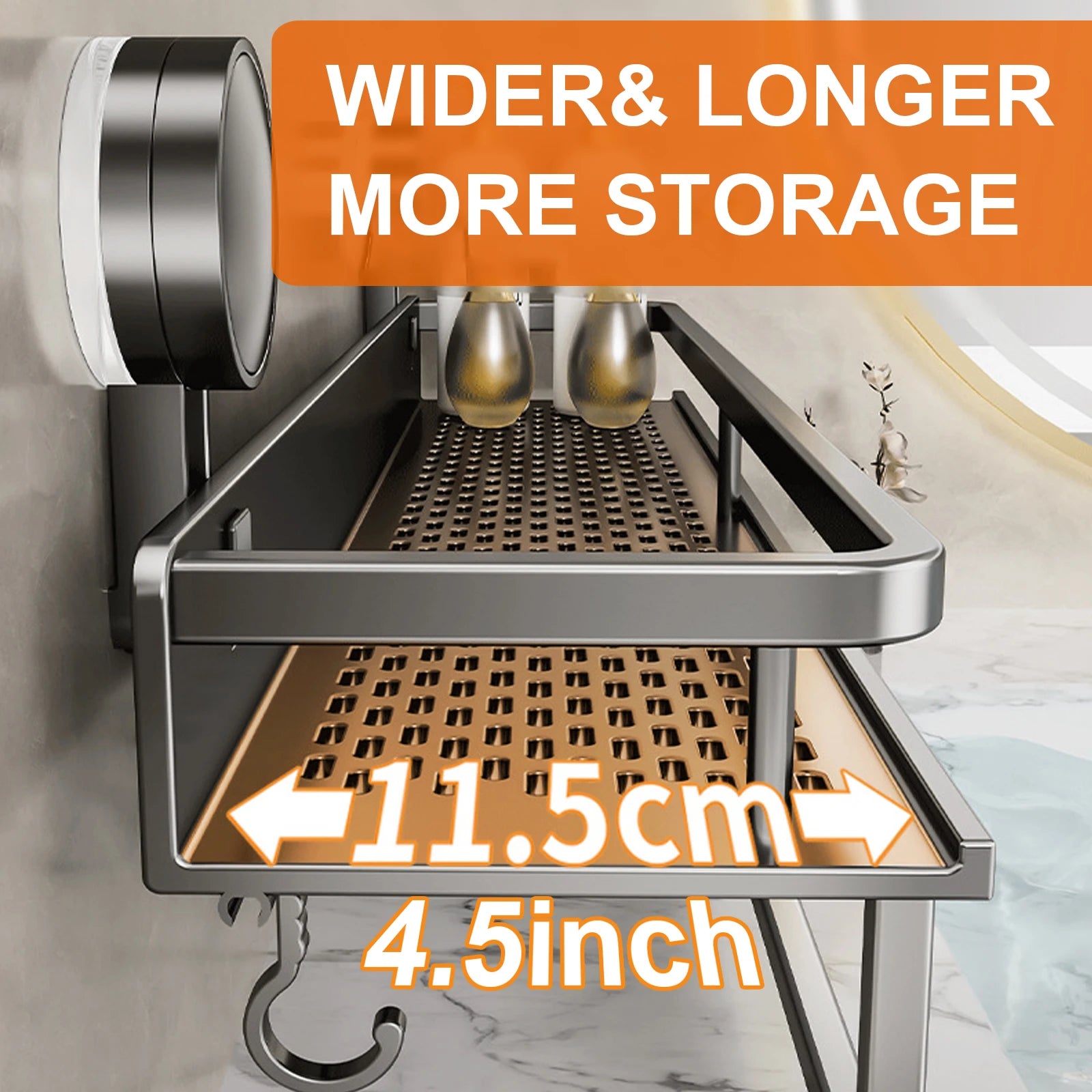 Aluminum Bathroom Shelf – No-Drill Suction Cup Organizer for Toilet Wall