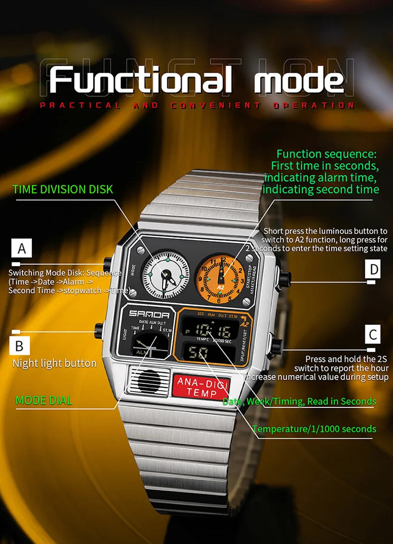 Square Stainless Steel Digital Watch – Temperature Gauge for Men's Sports