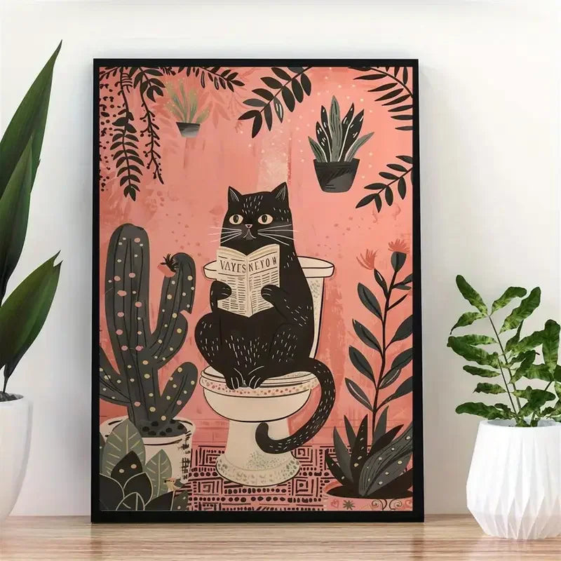 Funny Black Cat Newspaper Poster – Retro Bathroom Wall Art for Home Decor