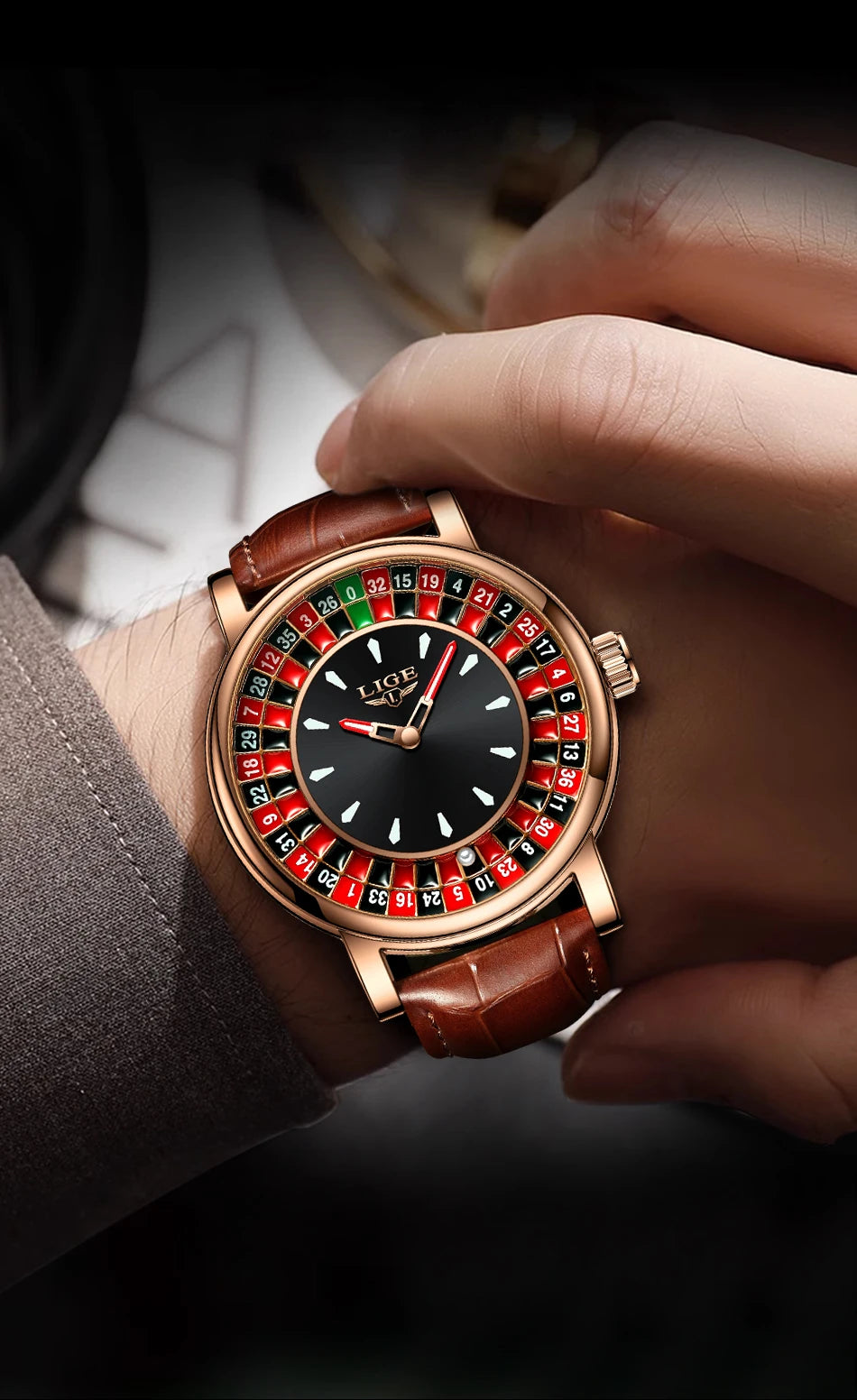 LIGE Roulette Quartz Watch – Luxury Leather Wristwatch for Men Gifts