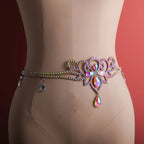 Rhinestone crystal belly chain belt with iridescent gems on mannequin, fashion accessory