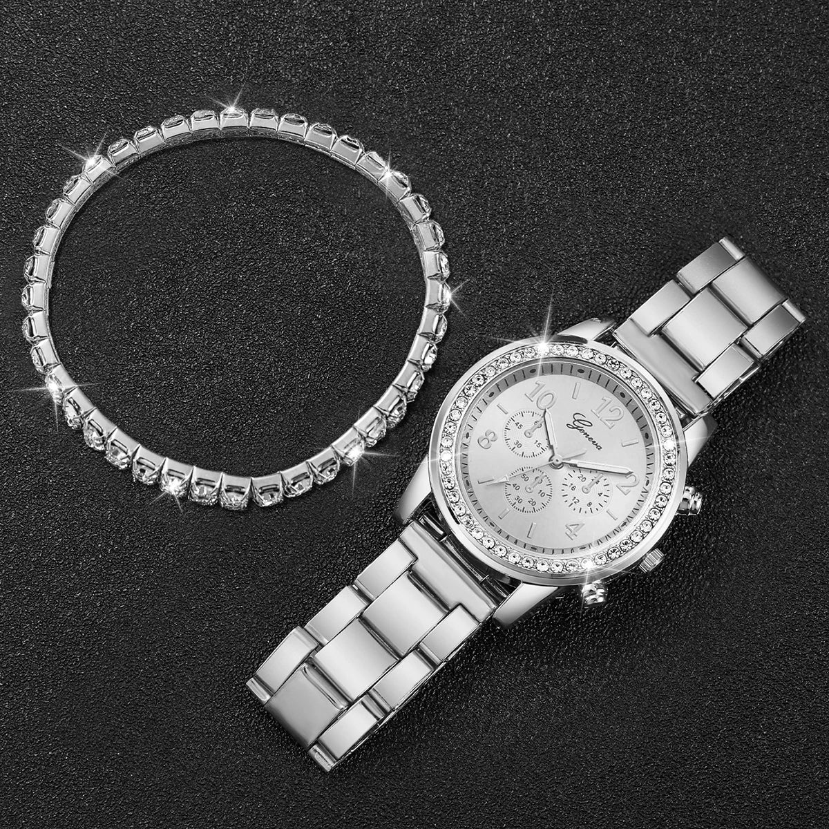 Stainless Steel Quartz Watch – Silver Diamond Bracelet for Women