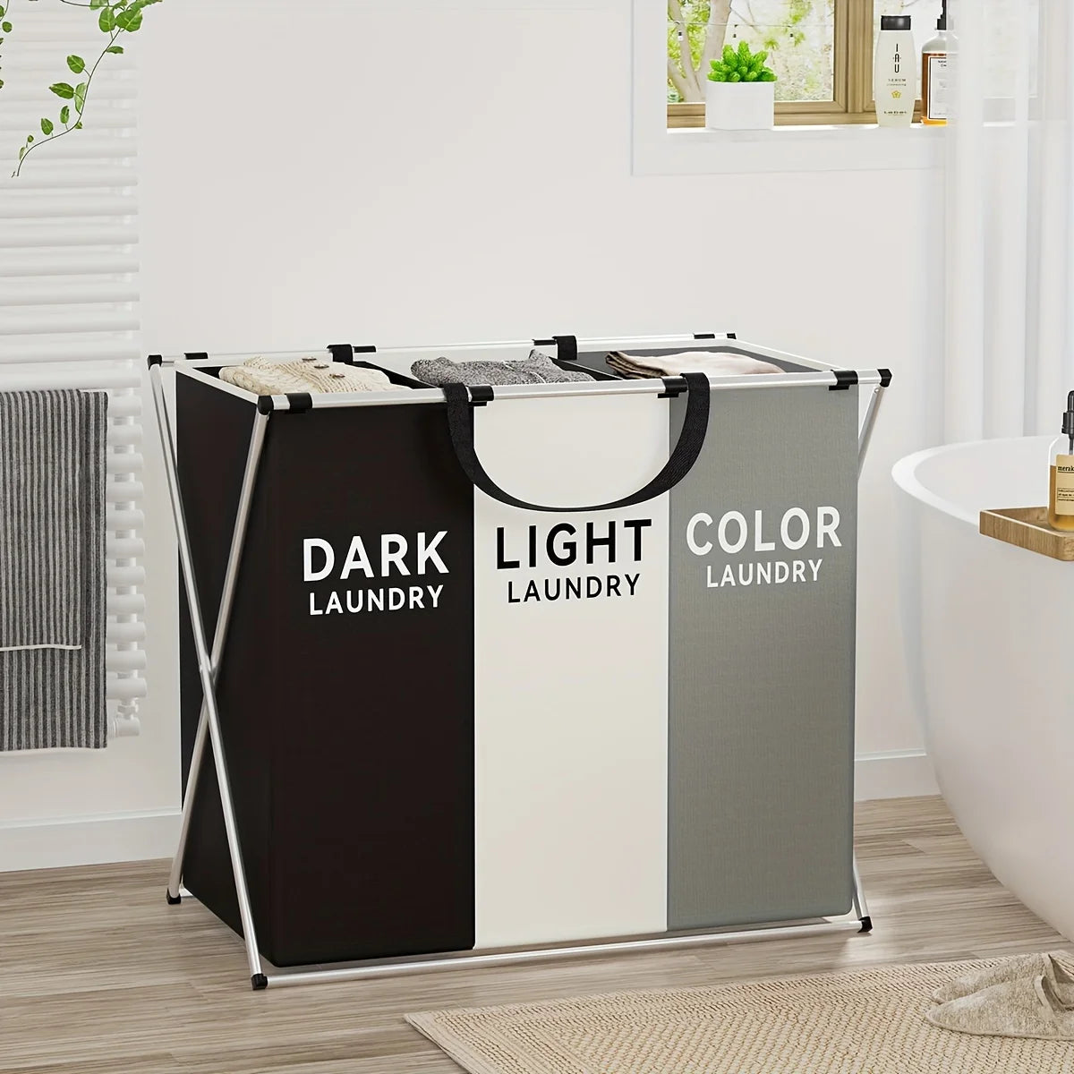 Large 3-Section Laundry Hamper – Foldable Divider Basket for Clothes Storage