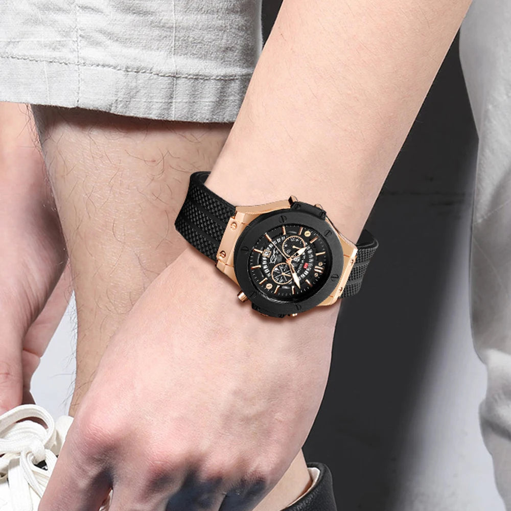 Mens Rose Gold Silicone Sports Watch – 46mm Hollow Dial for Daily Fashion