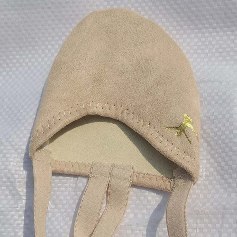 Beige suede baby bonnet with chin straps and small gold animal embroidery on the side