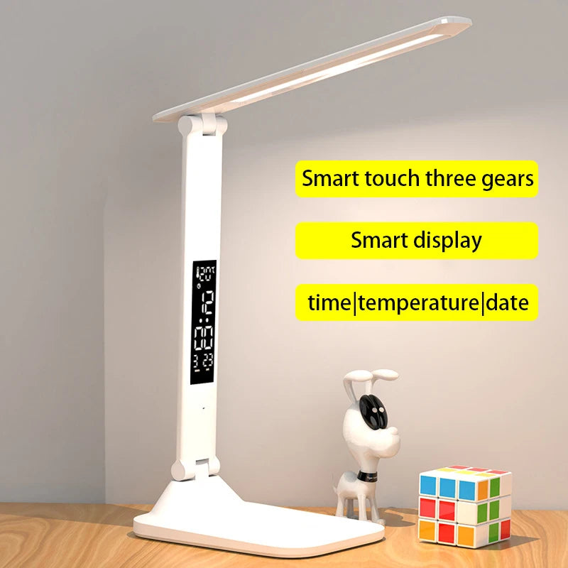 LED Desk Lamp – Rechargeable Touch Light with Alarm and Thermometer for Study