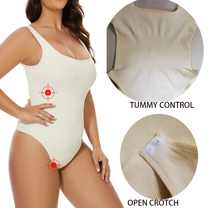 Ribbed Tummy Control Jumpsuit – Open Crotch Shapewear for Daily Compression