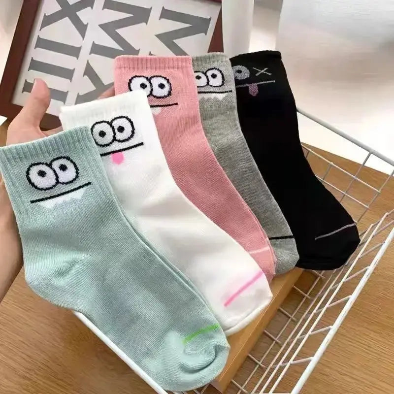 Cute Expression Print Mid Tube Socks – Comfy Cotton Hosiery for Women